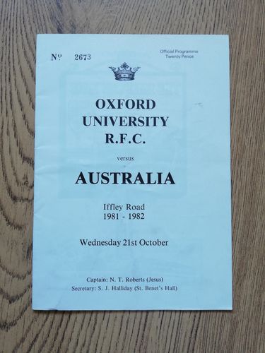 Oxford University v Australia Oct 1981 Rugby Programme