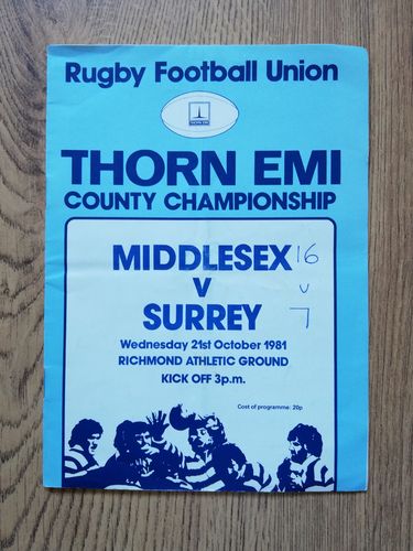 Middlesex v Surrey Oct 1981 County Championship Rugby Programme
