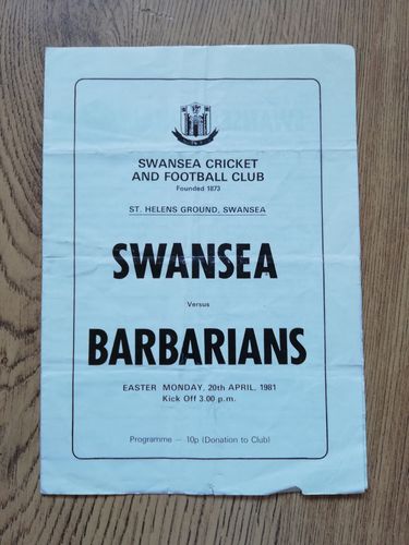 Swansea v Barbarians Apr 1981 Rugby Programme