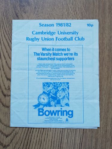Cambridge University v Leicester Nov 1981 Rugby Programme