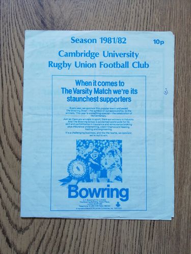 Cambridge University v Gloucester Nov 1981 Rugby Programme