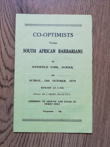 Scottish Co-Optimists v South African Barbarians Oct 1979 Rugby Programme