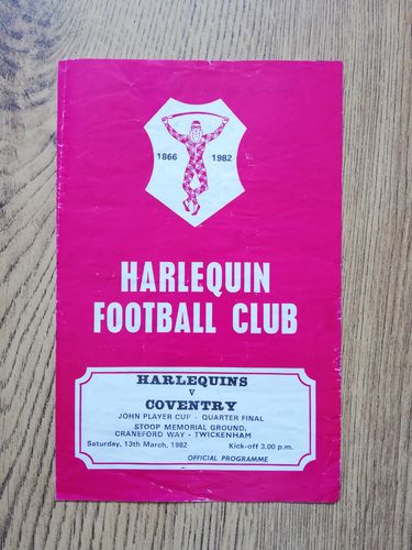 Harlequins v Coventry Mar 1982 John Player Cup Quarter-Final Rugby Programme