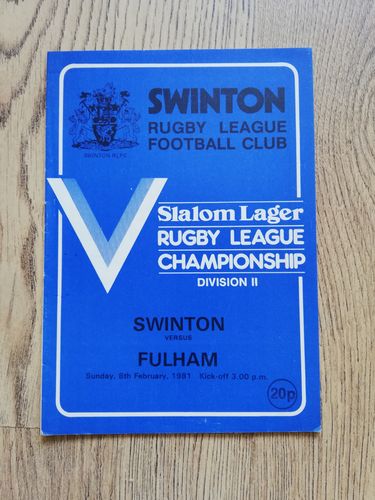 Swinton v Fulham Feb 1981 Rugby League Programme