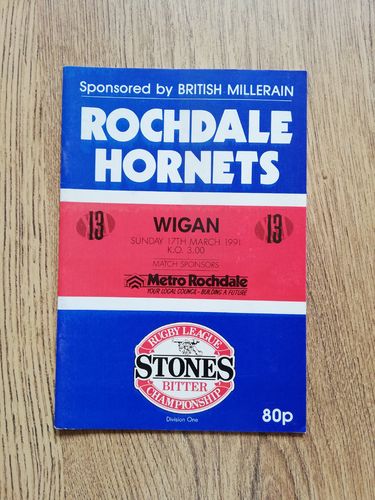 Rochdale Hornets v Wigan Mar 1991 Rugby League Programme