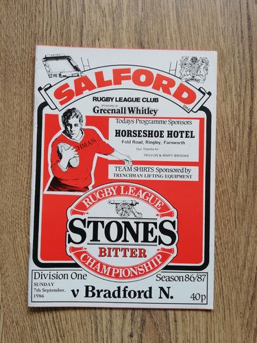 Salford v Bradford Northern Sept 1986 Rugby League Programme
