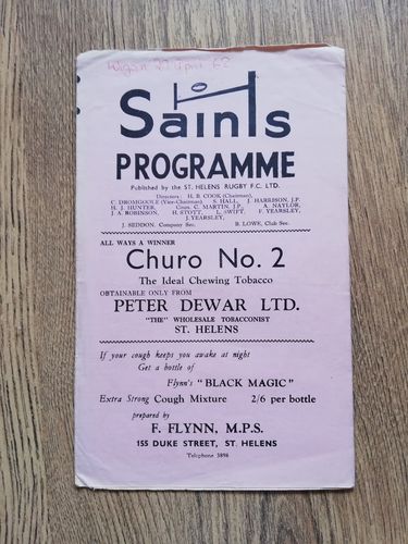 St Helens v Wigan Apr 1962 Rugby League Programme