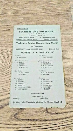 Featherstone Rovers 'A' v Batley 'A'  Aug 1962 Rugby League Programme