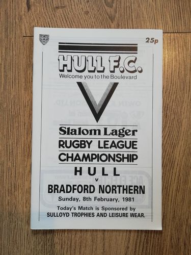 Hull v Bradford Northern Feb 1981 Rugby League Programme