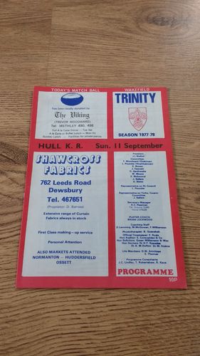 Wakefield Trinity v Hull KR Sept 1977 Rugby League Programme