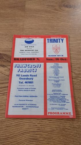 Wakefield Trinity v Bradford Northern Oct 1977 Rugby League Programme