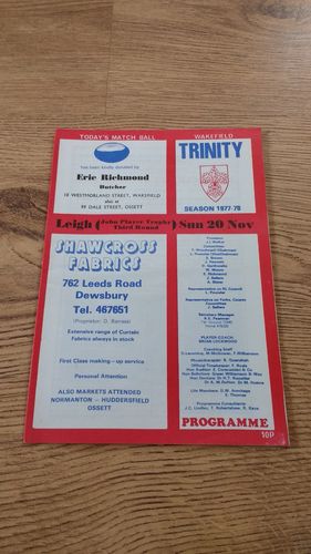 Wakefield Trinity v Leigh Nov 1977 John Player Trophy Rugby League Programme