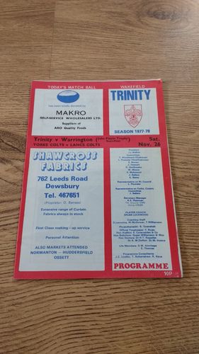 Wakefield Trinity v Warrington 1977 JP Trophy Semi-Final Rugby League Programme