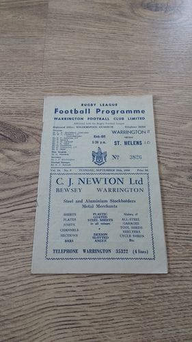Warrington v St Helens 1964 Lancashire Cup Semi-Final Rugby League Programme