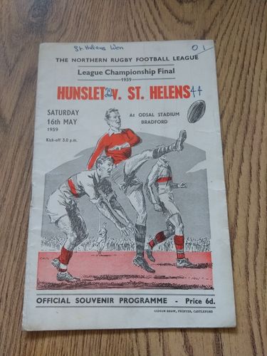 Hunslet v St Helens 1959 Championship Final Rugby Programme