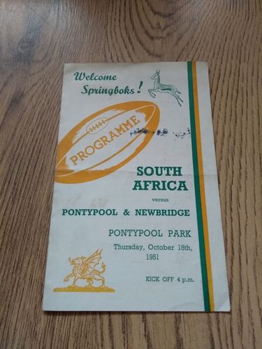 Pontypool & Newbridge v South Africa Oct 1951 Signed Rugby Programme