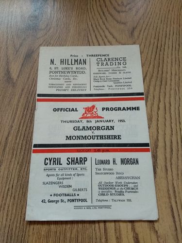 Monmouthshire v Glamorgan Jan 1953 Rugby Programme