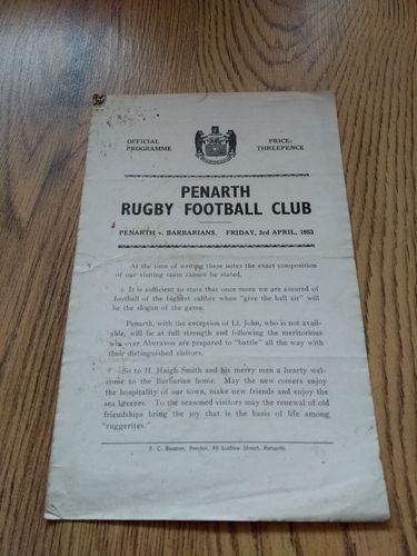 Penarth v Barbarians Apr 1953 Rugby Programme