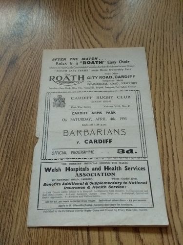 Cardiff v Barbarians Apr 1953 Rugby Programme