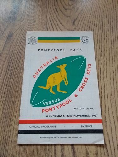 Pontypool & Cross Keys v Australia Nov 1957 Rugby Programme