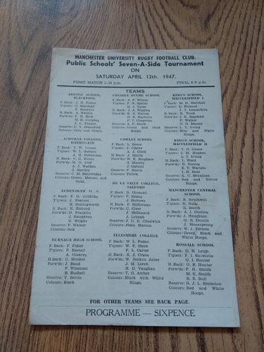 Manchester University Public Schools Sevens 1947 Rugby Programme