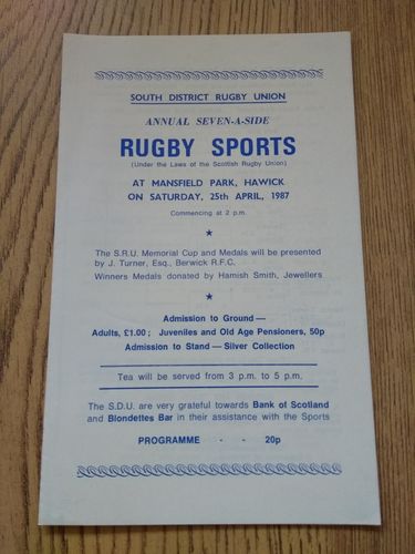 South of Scotland District Sevens Apr 1987 Rugby Programme