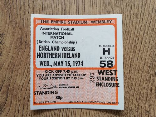 England v Northern Ireland May 1974 Used Football Ticket