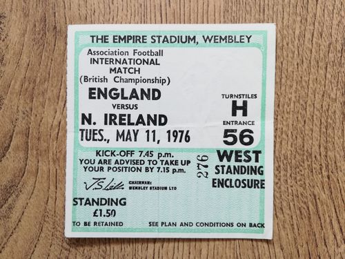 England v Northern Ireland May 1976 Used Football Ticket