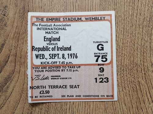 England v Republic of Ireland Sept 1976 Used Football Ticket