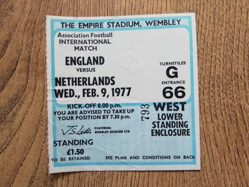 England v Netherlands Feb 1977 Used Football Ticket