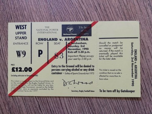 England v Argentina Nov 1990 Used Rugby Ticket