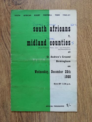 Midland Counties v South Africa 1960 Rugby Programme