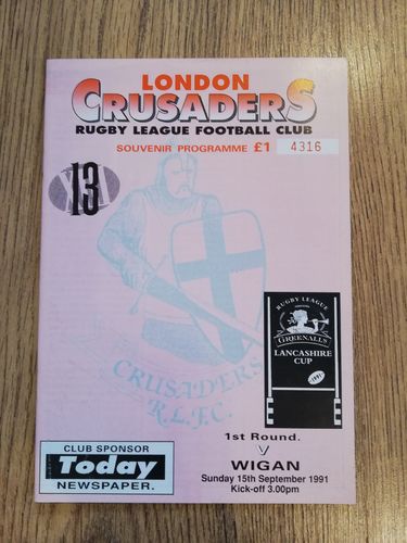 London Crusaders v Wigan Sept 1991 Lancashire Cup Rugby League Programme