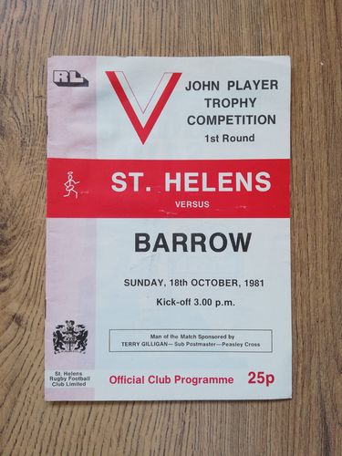 St Helens v Barrow Oct 1981 John Player Trophy Rugby League Programme