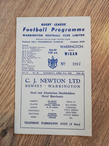 Warrington v Wigan Apr 1962 Rugby League Programme