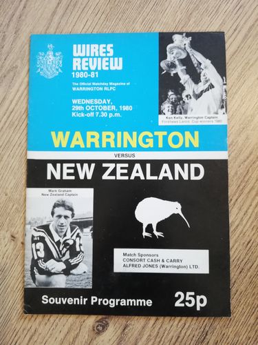 Warrington v New Zealand Oct 1980 Rugby League Programme