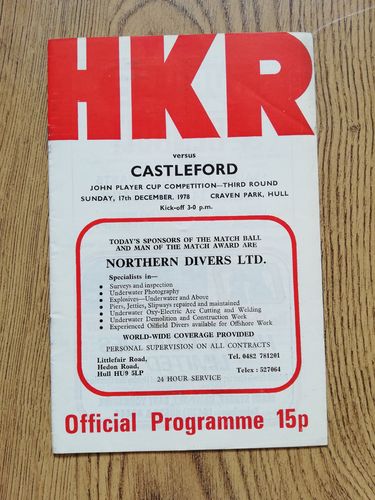 Hull KR v Castleford Dec 1978 JP Cup Rugby League Programme