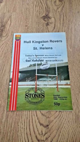 Hull KR v St Helens Sept 1986 Rugby League Programme