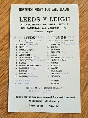 Leeds v Leigh Jan 1971 single page Rugby League Teamsheet