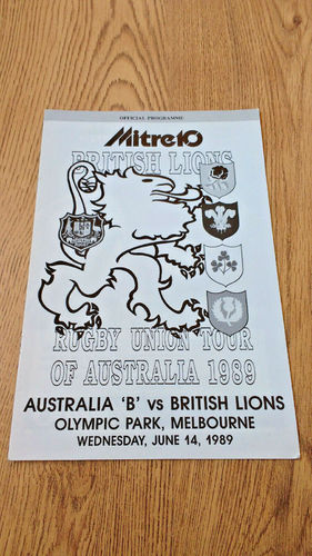 Australia B v British Lions June 1989 Rugby Programme