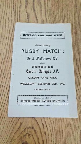 Dr J Matthews' XV v Combined Cardiff Colleges XV 1953 Rugby Union Programme