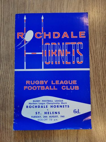 Rochdale Hornets v St Helens Aug 1965 Rugby League Programme