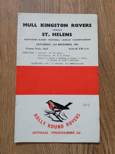Hull KR v St Helens Dec 1961 Rugby League Programme
