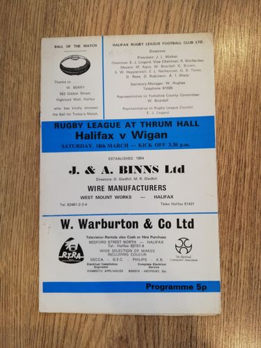 Halifax v Wigan Mar 1972 Rugby League Programme