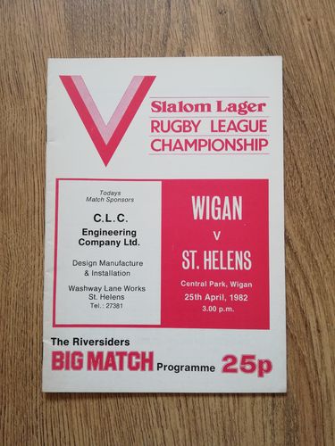 Wigan v St Helens Apr 1982 Rugby League Programme