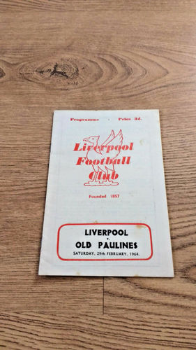 Liverpool v Old Paulines Feb 1964 Rugby Programme