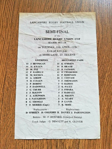 Liverpool v Broughton Park Apr 1978 Lancashire Cup Semi-Final Rugby Programme