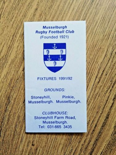 Musselburgh Rugby Football Club Fixture Card 1991-92