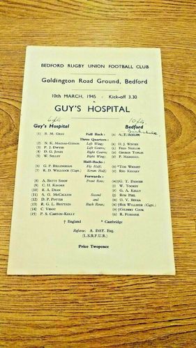 Bedford v Guys Hospital Mar 1945 Rugby Programme