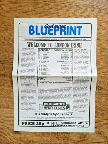 Bedford v London Irish Sept 1986 Rugby Programme
